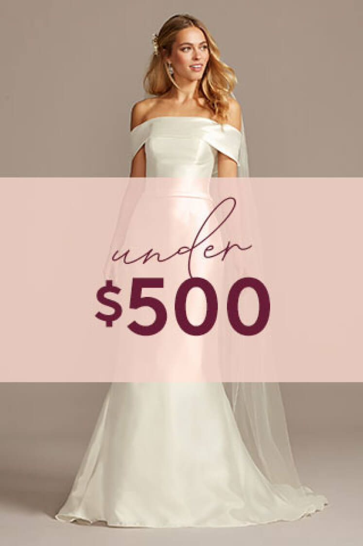 bride in wedding dress with a pink color block and under $500 text overlay 